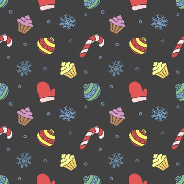 Kusursuz Noel şablonu. Yeni yıl geçmişi. Noel simgeleriyle karalama çizimi