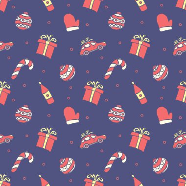 Kusursuz Noel şablonu. Yeni yıl geçmişi. Noel simgeleriyle karalama çizimi