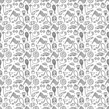 Kusursuz bir spor modeli. Spor ikonlarıyla karalama çizimi. Spor ekipmanlı arkaplan