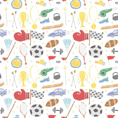 Kusursuz bir spor modeli. Spor ikonlarıyla karalama çizimi. Spor ekipmanlı arkaplan