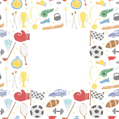 Kusursuz spor çerçevesi. Spor ikonlarıyla karalama çizimi. Spor ekipmanlı arkaplan