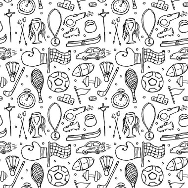 Kusursuz bir spor modeli. Spor ikonlarıyla karalama çizimi. Spor ekipmanlı arkaplan