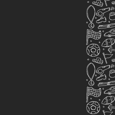 Kusursuz spor çerçevesi. Spor ikonlarıyla karalama çizimi. Spor ekipmanlı arkaplan