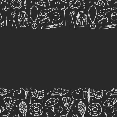 Kusursuz spor çerçevesi. Spor ikonlarıyla karalama çizimi. Spor ekipmanlı arkaplan