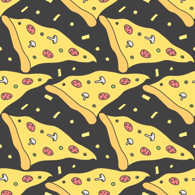 Kusursuz pizza kalıbı. Siyah beyaz pizza arka planı. Doodle pizza illüstrasyonu. Fast food modeli