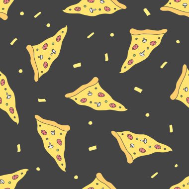 Kusursuz pizza kalıbı. Siyah beyaz pizza arka planı. Doodle pizza illüstrasyonu. Fast food modeli