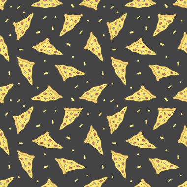 Kusursuz pizza kalıbı. Siyah beyaz pizza arka planı. Doodle pizza illüstrasyonu. Fast food modeli