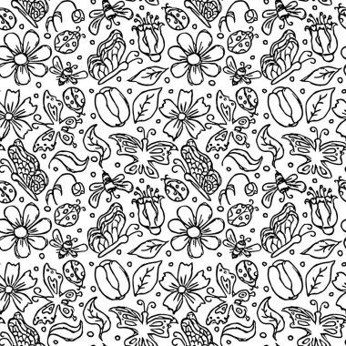 Çiçekli bahar çiçekleri, kelebekler, arılar ve uğur böcekleri. Kusursuz çiçek arkaplanı