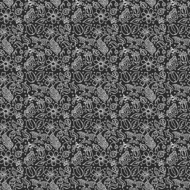 Çiçekli bahar çiçekleri, kelebekler, arılar ve uğur böcekleri. Kusursuz çiçek arkaplanı