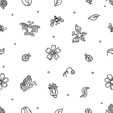 Çiçekli bahar çiçekleri, kelebekler, arılar ve uğur böcekleri. Kusursuz çiçek arkaplanı