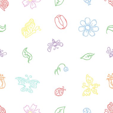 Çiçekli bahar çiçekleri, kelebekler, arılar ve uğur böcekleri. Kusursuz çiçek arkaplanı