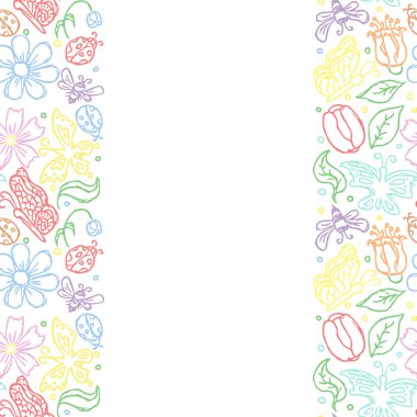 Çiçekli bahar çiçekleri, kelebekler, arılar ve uğur böcekleri. Kusursuz çiçek arkaplanı