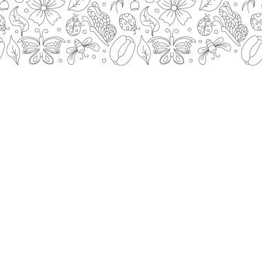 İçinde kelebekler, arılar ve uğur böcekleri olan bahar çiçekleri. Kusursuz çiçek arkaplanı