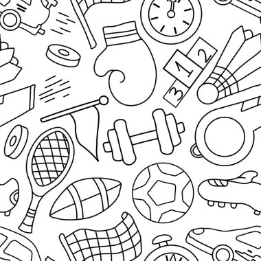 Kusursuz bir spor modeli. Spor simgeleriyle dolu bir arka plan. Doodle spor illüstrasyonu
