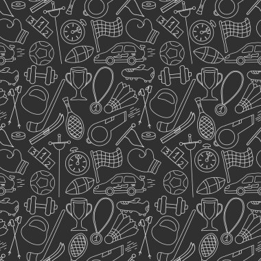 Kusursuz bir spor modeli. Spor simgeleriyle dolu bir arka plan. Doodle spor illüstrasyonu