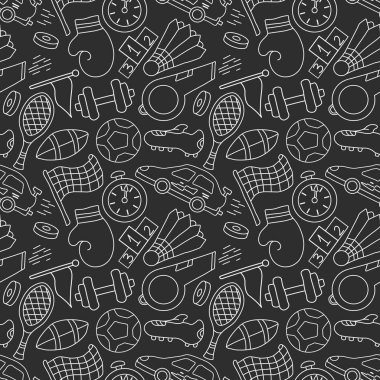 Kusursuz bir spor modeli. Spor simgeleriyle dolu bir arka plan. Doodle spor illüstrasyonu