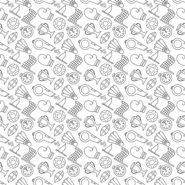 Kusursuz bir spor modeli. Spor simgeleriyle dolu bir arka plan. Doodle spor illüstrasyonu