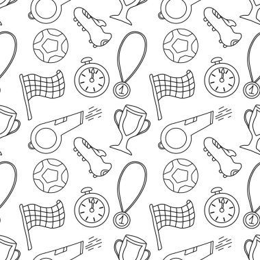 Kusursuz futbol şablonu. Spor simgeleriyle dolu bir arka plan. Doodle futbol illüstrasyonu