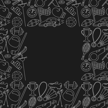 Kusursuz spor çerçevesi. Spor simgeleriyle dolu bir arka plan. Doodle spor illüstrasyonu