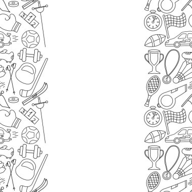 Kusursuz spor çerçevesi. Spor simgeleriyle dolu bir arka plan. Doodle spor illüstrasyonu