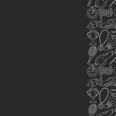 Kusursuz spor çerçevesi. Spor simgeleriyle dolu bir arka plan. Doodle spor illüstrasyonu