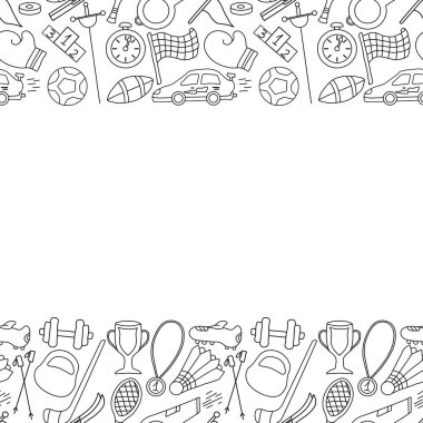 Kusursuz spor çerçevesi. Spor simgeleriyle dolu bir arka plan. Doodle spor illüstrasyonu