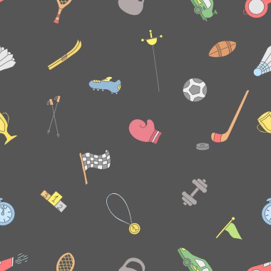 Kusursuz bir spor modeli. Spor simgeleriyle dolu bir arka plan. Doodle spor illüstrasyonu