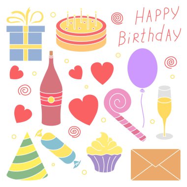 Mutlu doğum günü ikonları. Doğum günü geçmişi. Pasta, hediye kutusu, parti şapkası, balonlar....