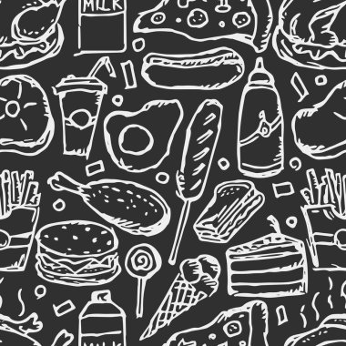 Kusursuz Amerikan yemek düzeni. Amerikan yemek ikonlarıyla karalama ilüstrasyonu. Fast food geçmişi