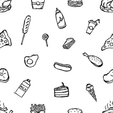 Kusursuz Amerikan yemek düzeni. Amerikan yemek ikonlarıyla karalama ilüstrasyonu. Fast food geçmişi