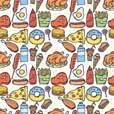 Kusursuz Amerikan yemek düzeni. Amerikan yemek ikonlarıyla karalama ilüstrasyonu. Fast food geçmişi