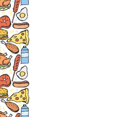 Amerikan yemek çerçevesi. Amerikan yemek ikonlarıyla karalama ilüstrasyonu. Fast food geçmişi