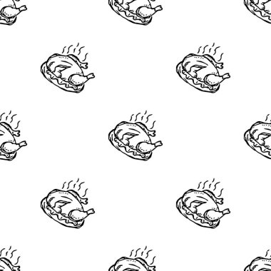 Kusursuz pişmiş hindi deseni. Fırında hindi arka planı çizilmiş. Karalama el çizimi hindi çizimi