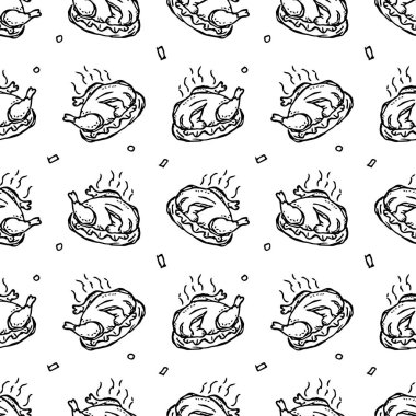 Kusursuz pişmiş hindi deseni. Fırında hindi arka planı çizilmiş. Karalama el çizimi hindi çizimi