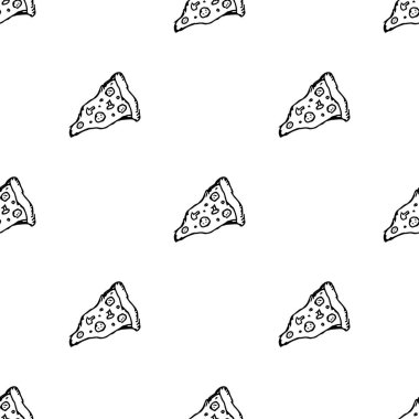 Kusursuz pizza kalıbı. Doodle pizza arka planı. Pizza ikonlarıyla el çizimi. Fast food modeli