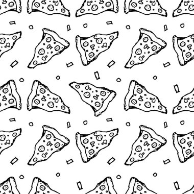 Kusursuz pizza kalıbı. Doodle pizza arka planı. Pizza ikonlarıyla el çizimi. Fast food modeli