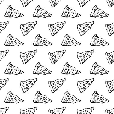 Kusursuz pizza kalıbı. Doodle pizza arka planı. Pizza ikonlarıyla el çizimi. Fast food modeli