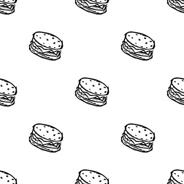 Kusursuz hamburger deseni. Çizilmiş hamburger arka planı. Çizilmiş el çizimi hamburger çizimi