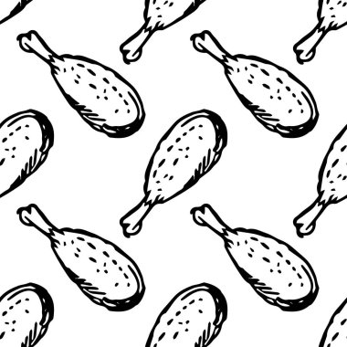 Tavuk bacaklı kusursuz desen. Et arka planı. Tavuk budu simgeleri. Kusursuz et deseni