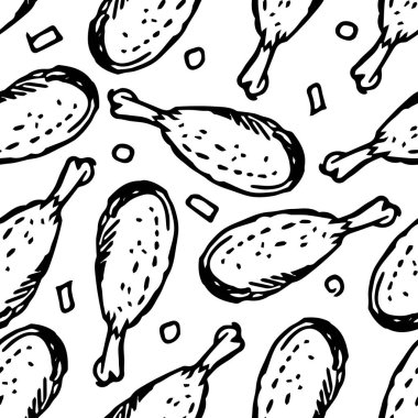 Tavuk bacaklı kusursuz desen. Et arka planı. Tavuk budu simgeleri. Kusursuz et deseni