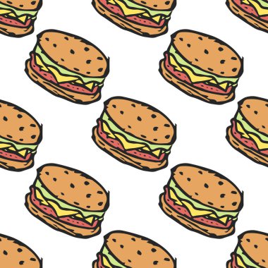 Kusursuz hamburger deseni. Çizilmiş hamburger arka planı. Çizilmiş el çizimi hamburger çizimi