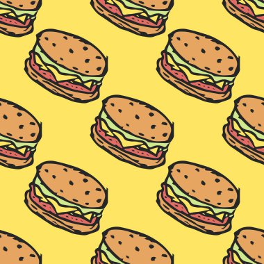 Kusursuz hamburger deseni. Çizilmiş hamburger arka planı. Çizilmiş el çizimi hamburger çizimi