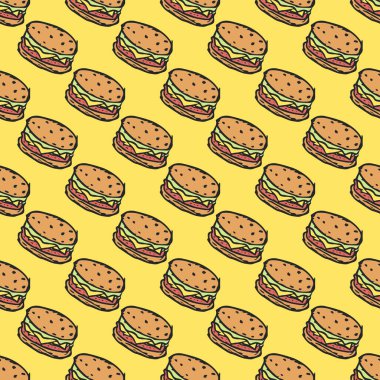 Kusursuz hamburger deseni. Çizilmiş hamburger arka planı. Çizilmiş el çizimi hamburger çizimi