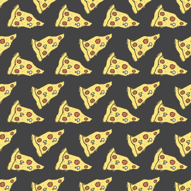 Kusursuz pizza kalıbı. Doodle pizza arka planı. Pizza ikonlarıyla el çizimi. Fast food modeli