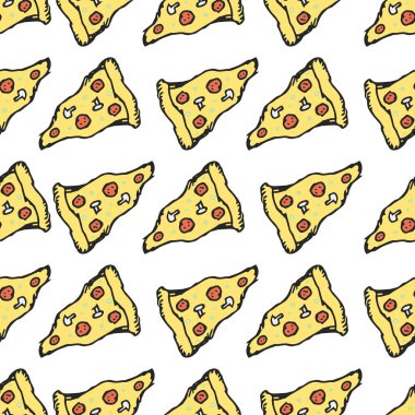 Kusursuz pizza kalıbı. Doodle pizza arka planı. Pizza ikonlarıyla el çizimi. Fast food modeli