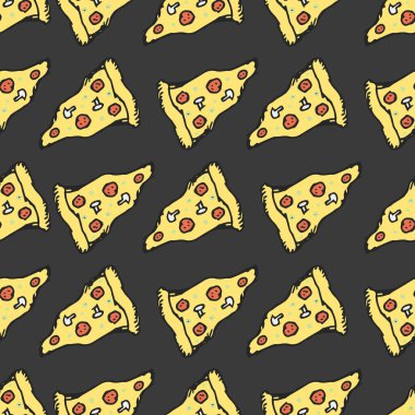 Kusursuz pizza kalıbı. Doodle pizza arka planı. Pizza ikonlarıyla el çizimi. Fast food modeli
