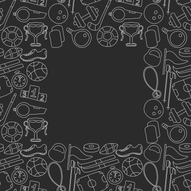 Kusursuz spor çerçevesi. Spor simgeleriyle dolu bir arka plan. Doodle spor illüstrasyonu