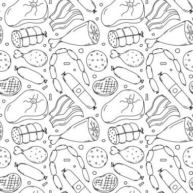 Kusursuz et deseni. Karalama et arka planı. Et ürünleri simgeleri ile illüstrasyon