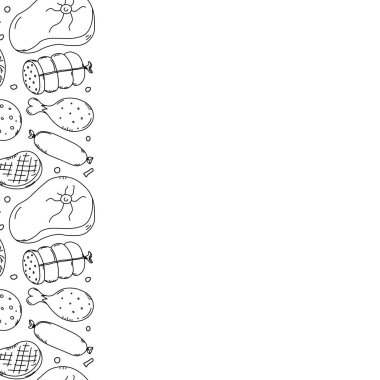 Et parçası. Karalama et arka planı. Et ürünleri simgeleri ile illüstrasyon