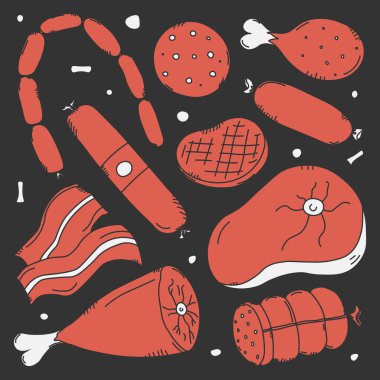 Et ürünleri ikonlarıyla karalama çizimi. El çizimi et arka planı